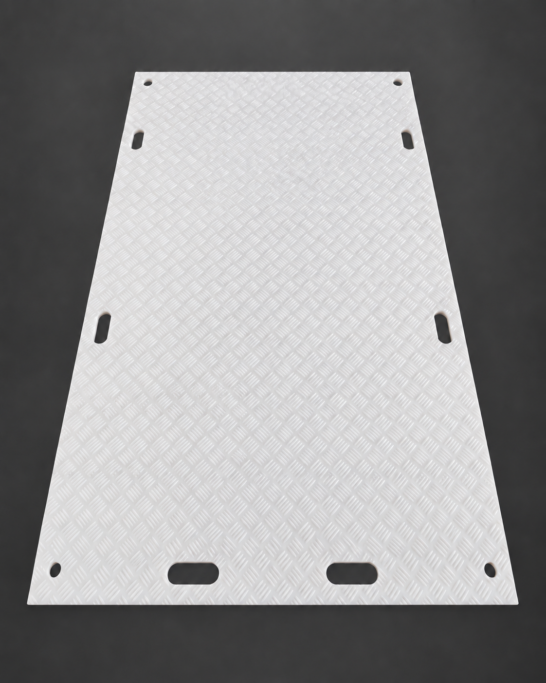 Light-tread side of a white 4 by 8 ground protection mat with four circular corner holes